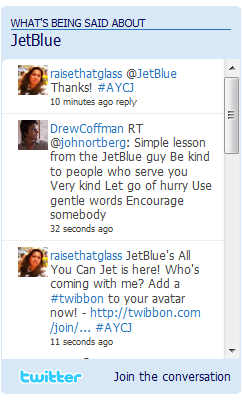 Twitter on JetBlue Twitter feed on JetBlue's blog.