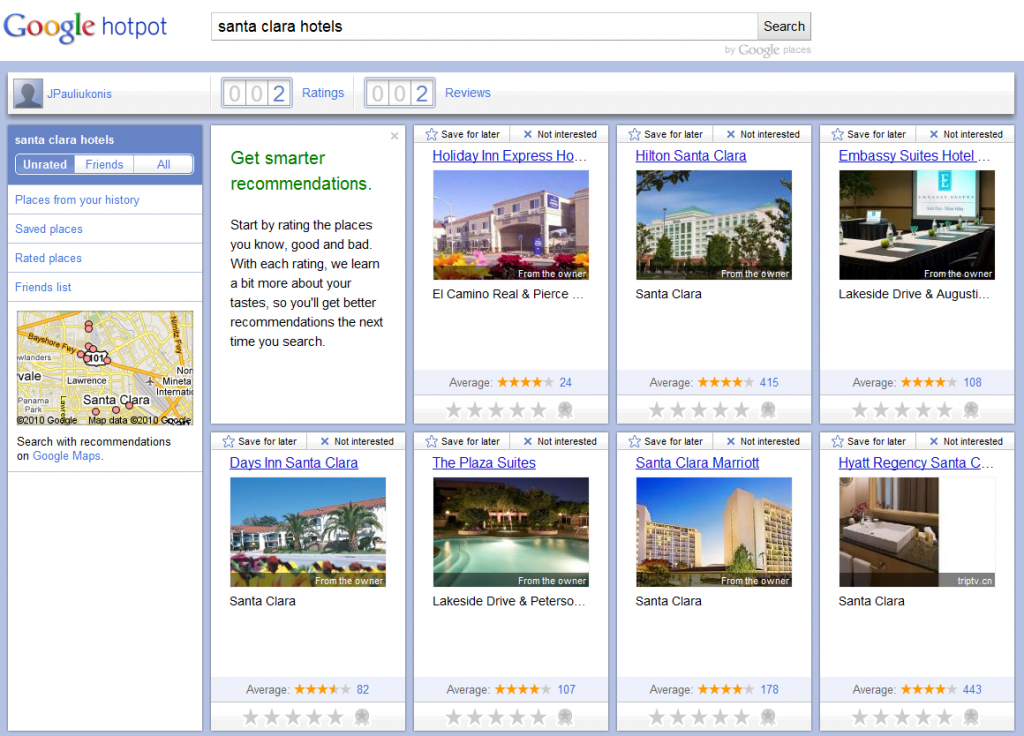 Google Hotpot example Google Hotpot example: Santa Clara Hotels