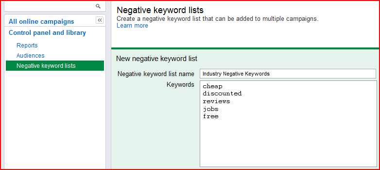 Negative keyword lists in AdWords Control panel