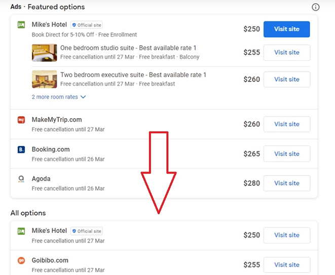 Organic meta listings added to Hotel Ads section